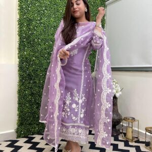 GoSriKi Women's Rayon Blend Straight Embroidered Kurta with Pant & Dupatta