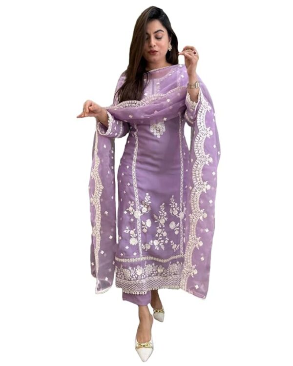 GoSriKi Women's Rayon Blend Straight Embroidered Kurta with Pant & Dupatta - Image 2