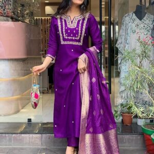 GoSriKi Women's Silk Blend Straight Embroidered Kurta with Pant & Dupatta