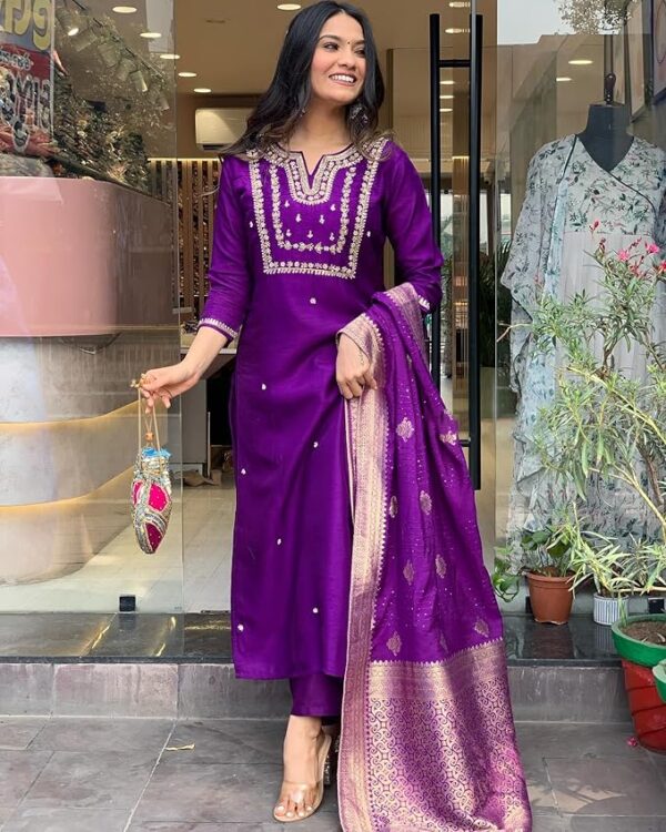 GoSriKi Women's Silk Blend Straight Embroidered Kurta with Pant & Dupatta