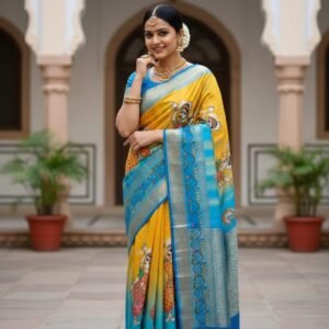 Hand-Painted Yellow & Blue Silk Saree with Kalamkari Art