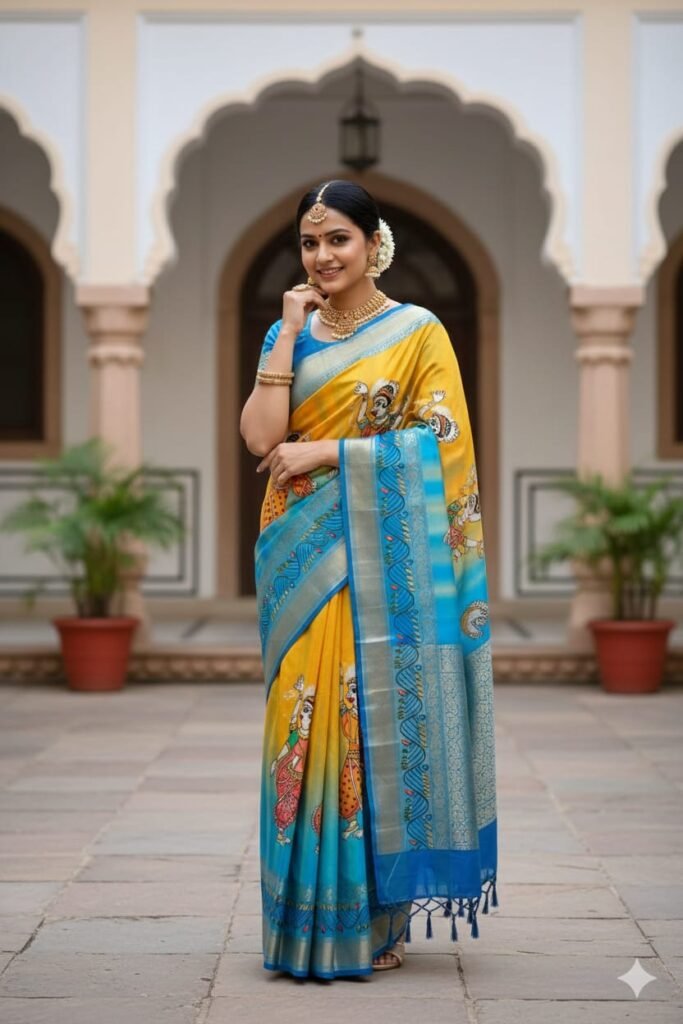 Hand-Painted Yellow & Blue Silk Saree with Kalamkari Art