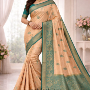 An elegant beige saree accented with a rich teal border