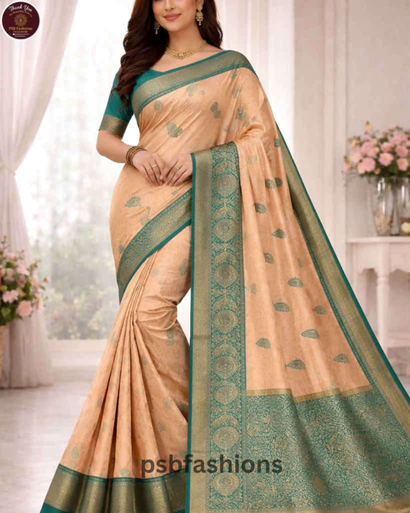 An elegant beige saree accented with a rich teal border