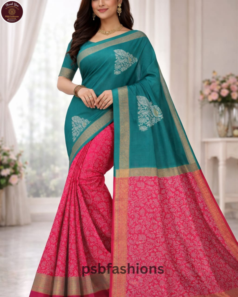 A stylish teal and pink saree featuring elegant floral prints