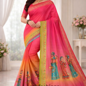 Pink–Orange Folk Art Printed Saree