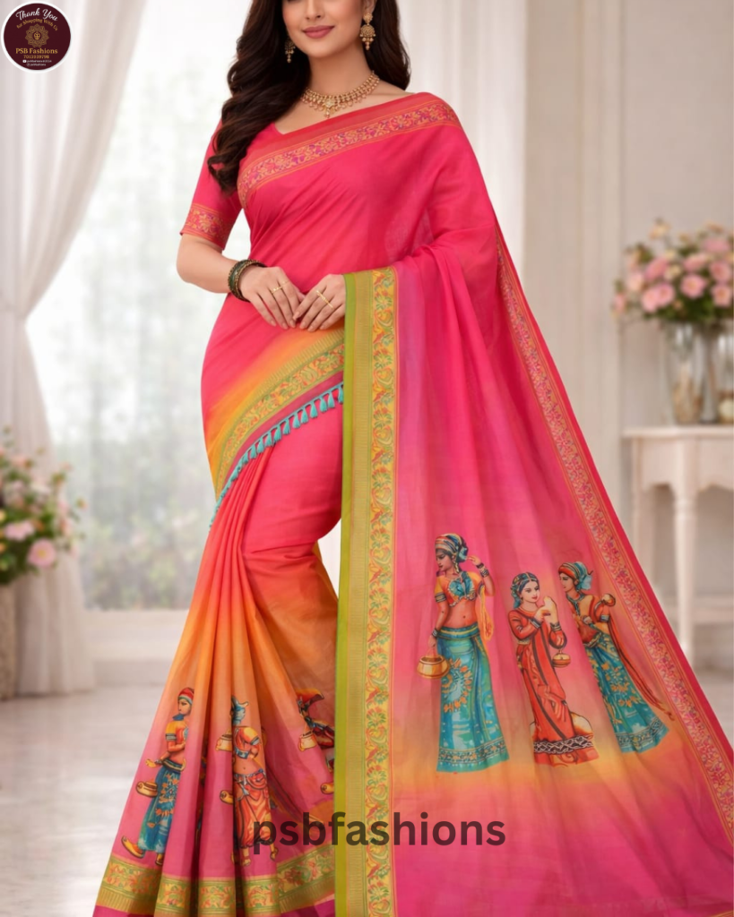 Pink–Orange Folk Art Printed Saree