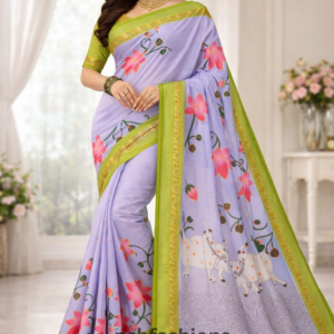 Lavender & Green Lotus Print Saree