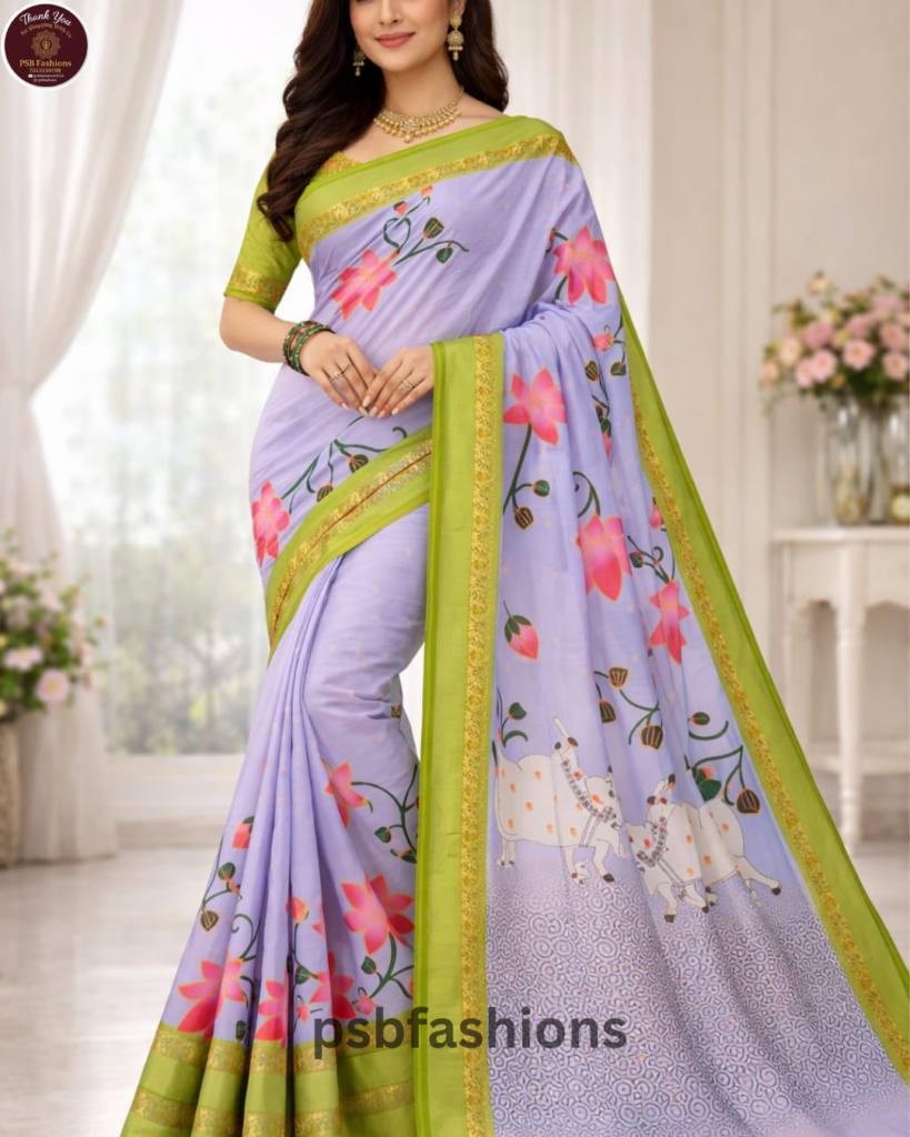 Lavender & Green Lotus Print Saree