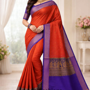 Rust Orange & Royal Blue Traditional Silk Saree