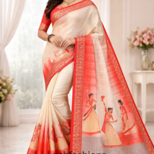 Cream & Coral Folk Art Printed Saree