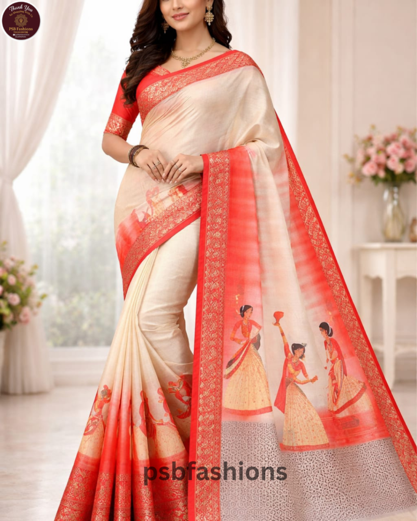 Cream & Coral Folk Art Printed Saree