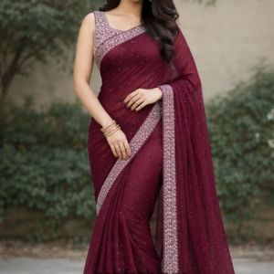 Elegant wine-maroon chiffon saree adorned with subtle shimmer