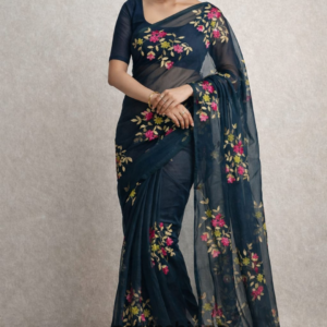 🌸 Midnight Bloom Embroidered Georgette Saree