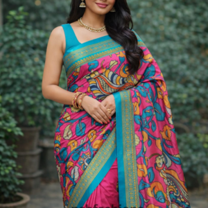 Pink Kalamkari Print Silk Saree