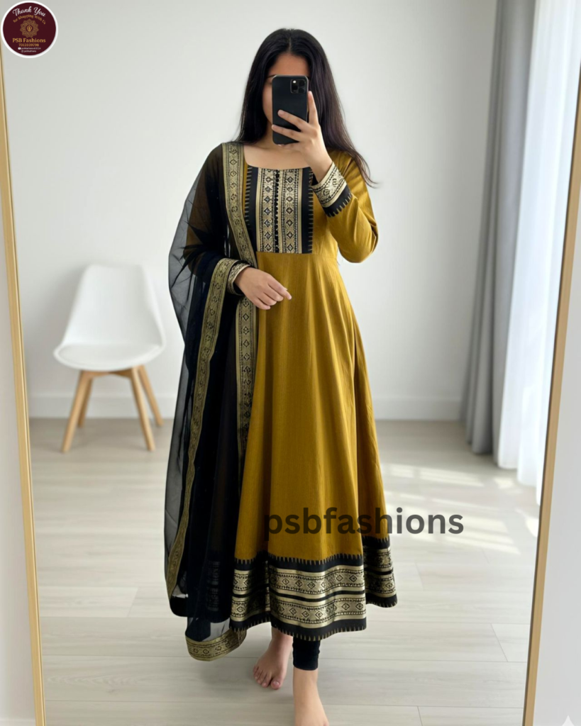 This full-length silhouette blends traditional artistry with modern elegance. Paired with a luxuriour contrast &nbsp;zari lace border &nbsp;georgette dupatta,